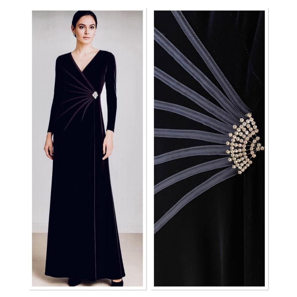 Vtg Tadashi Navy Blue Velvet Formal Gown Rhinestone Sunburst Maxi Dress Chic XS